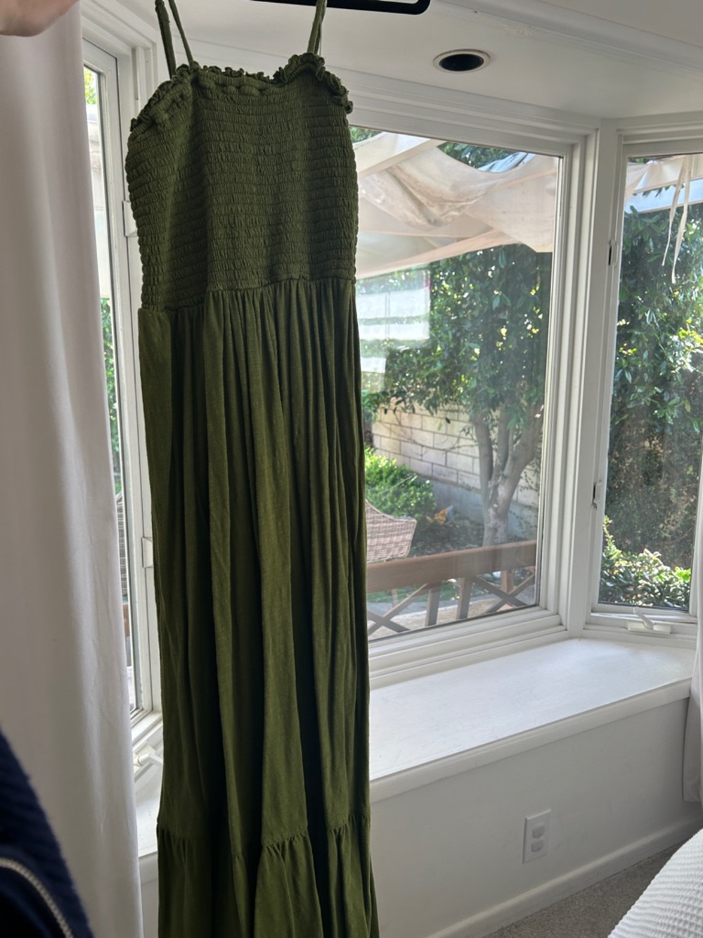 Anthropologie Olive Green Maxi Dress with Smocked Bodice